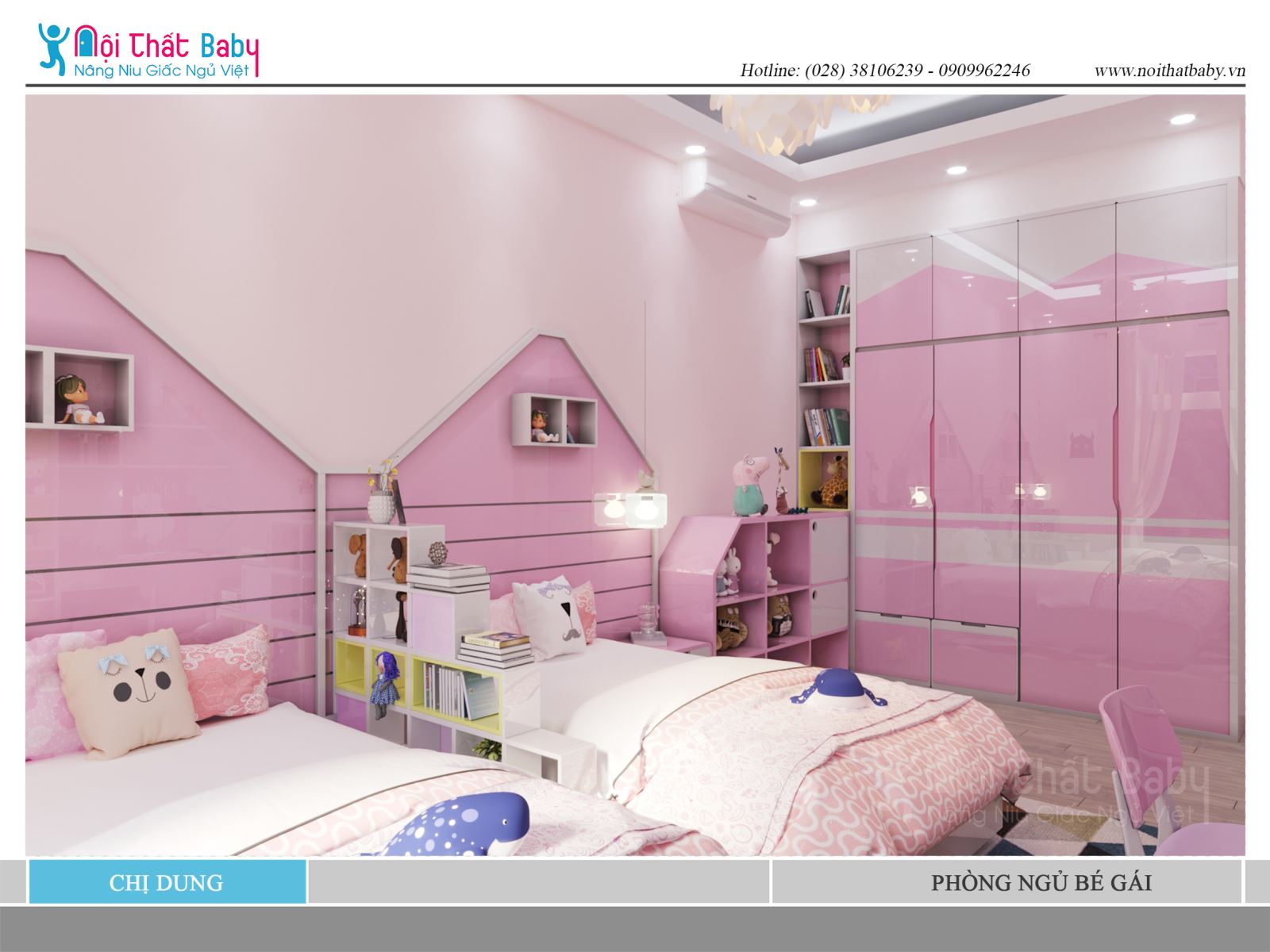 Phòng ngủ đôi bé gái màu hồng đẹp